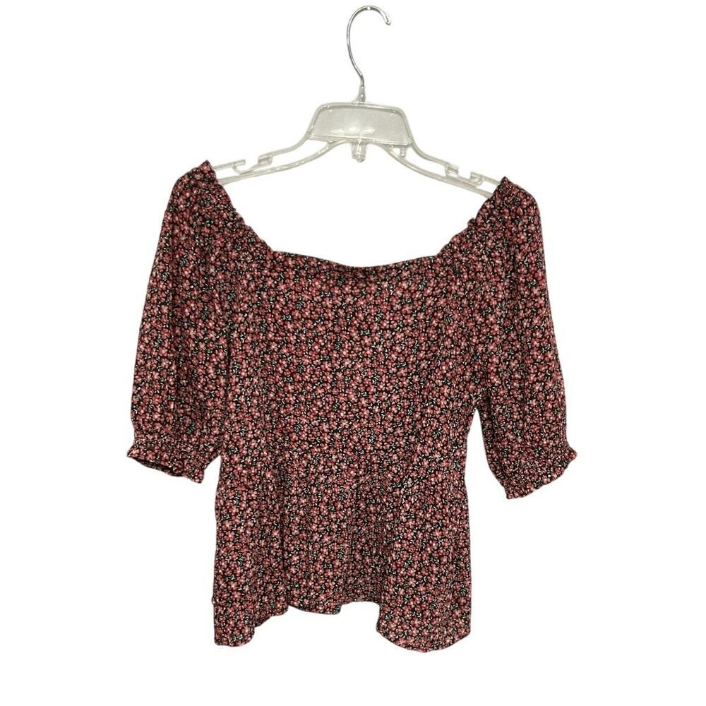 NWT LOFT Smocked Peplum Blouse Square Neck Floral Elastic Sleeves Size Medium - Picture 4 of 8